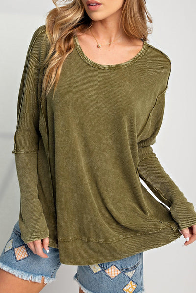 Green Raw Seam Mineral Washed Long Sleeve Top-Tops-MomFashion