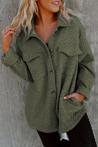 Green Retro Quilted Flap Pocket Button Shacket-Outerwear-MomFashion