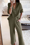 Green Ribbed Knit Collared Henley Top and Pants Lounge Outfit-Loungewear-MomFashion