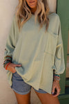 Green Ribbed Roll-tab Sleeve Chest Pocket Oversize Top-Tops-MomFashion