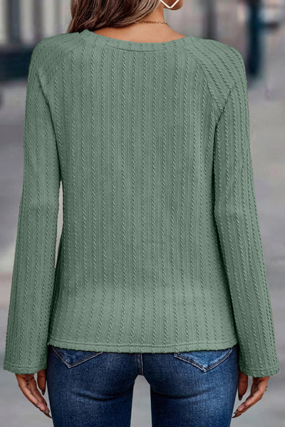 Green Ribbed Round Neck Knit Long Sleeve Top-Tops-MomFashion