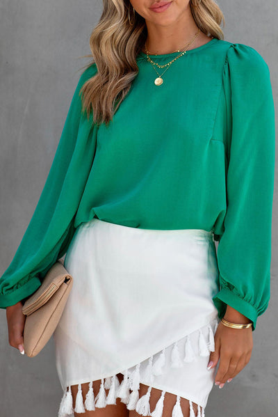 Green Satin Puff Long Sleeve Crewneck Blouse-Tops-MomFashion