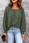 Green Scoop Neck Puff Sleeve Waffle Knit Top-Tops-MomFashion