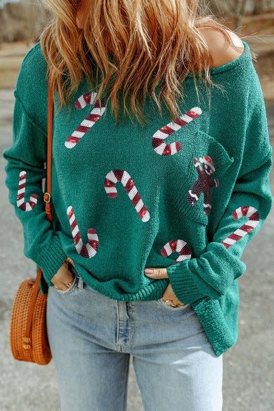 Green Sequined Candy Canes Gingerbread Man Sweater-Tops-MomFashion