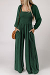 Green Smocked Square Neck Long Sleeve Wide Leg Jumpsuit-Bottoms-MomFashion