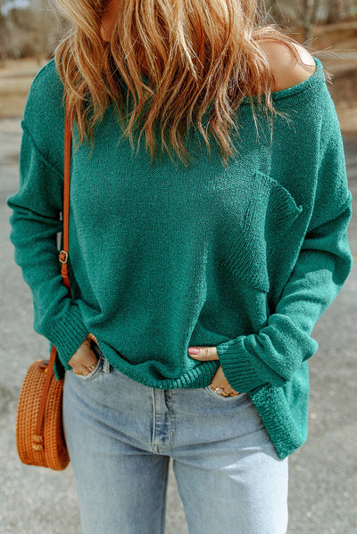 Green Solid Color Off Shoulder Rib Knit Sweater with Pocket-Tops-MomFashion