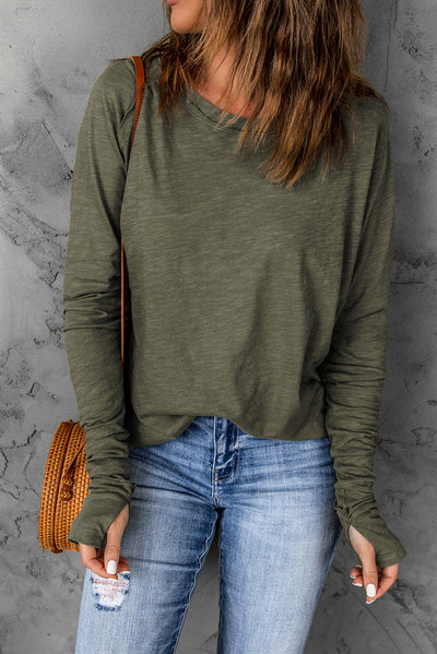 Green Solid Crew Neck Long Sleeve Long Sweatshirt-Tops-MomFashion