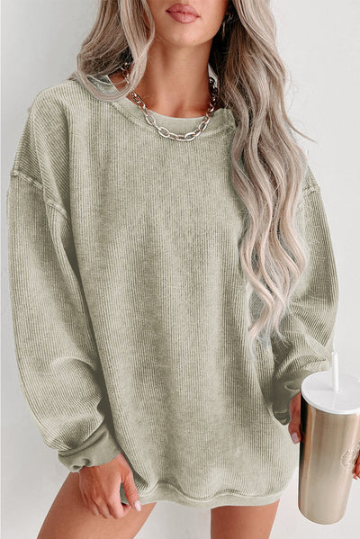 Green Solid Ribbed Knit Round Neck Pullover Sweatshirt-Tops-MomFashion