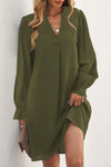 Green Split V Neck Ruffled Sleeves Shirt Dress-Dresses-MomFashion