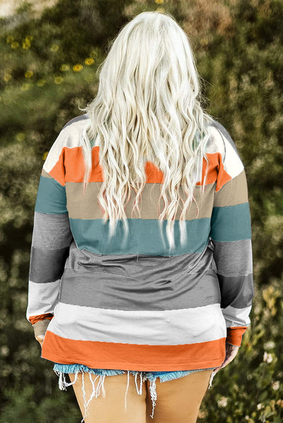 Green Stripe Plus Size Colorblock Pullover Top-Plus Size-MomFashion