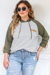 Green Striped Raglan Sleeve Buttoned Pocket Plus Size Hoodie-Plus Size-MomFashion