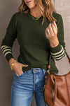 Green Striped Sleeve Plain Knit Sweater-Tops-MomFashion