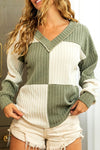 Green Textured Colorblock Long Sleeve V Neck Top-Tops-MomFashion