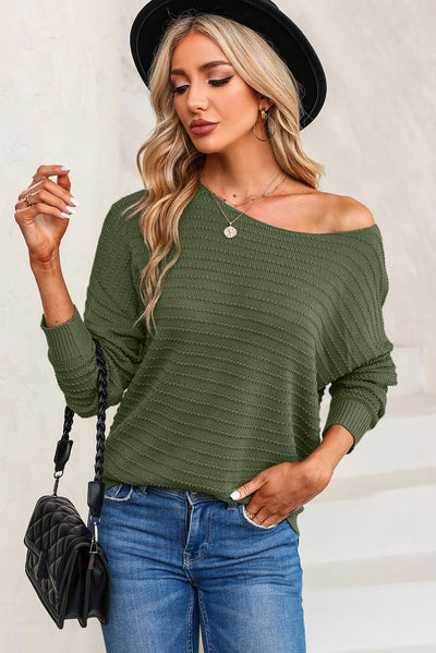 Green Textured Knit Round Neck Dolman Sleeve Sweater-Tops-MomFashion