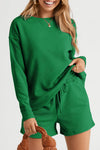 Green Textured Long Sleeve Top and Drawstring Shorts Set-Loungewear-MomFashion