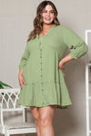 Green Textured Ruffled Buttoned V Neck Plus Size Mini Dress-Plus Size-MomFashion