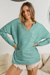 Green Textured Split Neck Long Sleeve Top-Tops-MomFashion