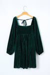 Green Tie Back Square Neck Velvet Babydoll Dress-Dresses-MomFashion