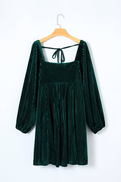 Green Tie Back Square Neck Velvet Babydoll Dress-Dresses-MomFashion