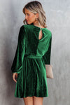 Green Tie Waist Crinkle Velvet Dress-Dresses-MomFashion