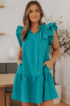 Green Tiered Ruffled Sleeves Mini Dress with Pockets-Dresses-MomFashion