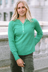 Green Trimmed Neckline Waffle Knit Henley Top-Tops-MomFashion