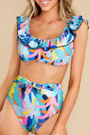 Green Tropical Print Ruffled Square Neck Tie High Waist Swimsuit-Swimwear-MomFashion