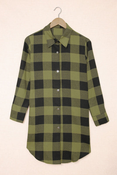 Green Turn-down Collar Plaid Shirt Coat-Outerwear-MomFashion