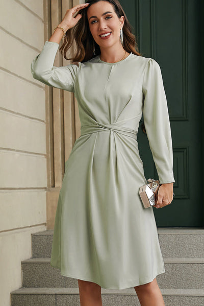 Green Twist Front Tie Back Long Sleeve Satin Dress-Dresses-MomFashion