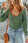 Green U Neck Textured Long Sleeve Top-Tops-MomFashion