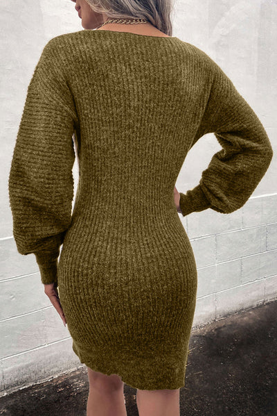 Green V Neck Bodycon Sweater Dress-Dresses-MomFashion