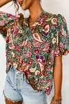 Green V Neck Short Bubble Sleeve Paisley Blouse-Tops-MomFashion