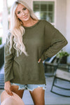 Green Waffle Knit High Slits Oversized Top-Tops-MomFashion