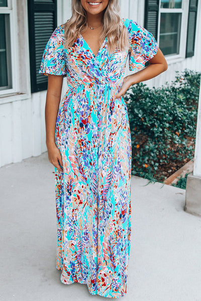 Green Wrap V Neck Floral Maxi Dress-Dresses-MomFashion