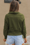 Green Zip Up Stand Collar Ribbed Thumbhole Sleeve Sweatshirt-Tops-MomFashion