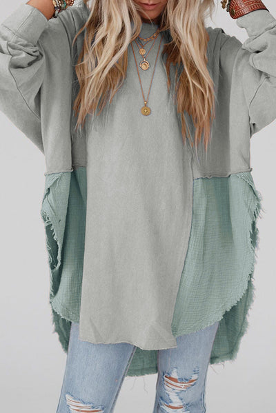 Grey Crinkle Splicing Raw Hem High Low Oversized Blouse-Tops-MomFashion