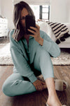 Iceland Blue Solid Half Zipped Drawstring High Waist Lounge Set-Loungewear-MomFashion