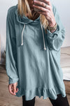 Iceland Blue Solid Ruffled Hem Loose Fit Tunic Hoodie-Tops/Sweatshirts & Hoodies-MomFashion