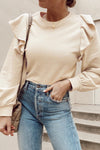 Jet Stream Solid Color Ruffled Shoulder Long Sleeve Blouse-Tops/Blouses & Shirts-MomFashion