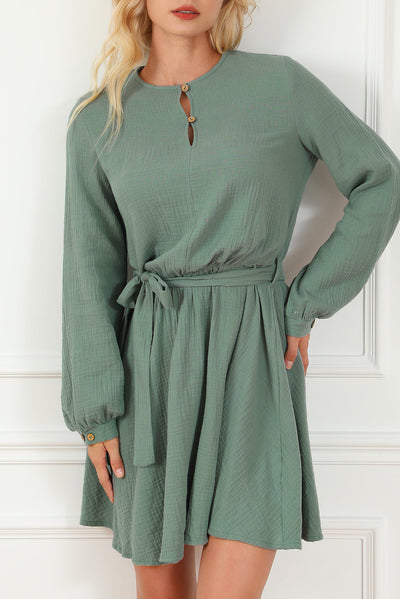 Jungle Green Button Neck Puff Sleeve Belted Pleated Mini Dress-Dresses-MomFashion