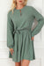 Jungle Green Button Neck Puff Sleeve Belted Pleated Mini Dress