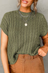 Jungle Green Crew Neck Cable Knit Short Sleeve Sweater-Tops-MomFashion