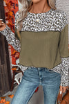 Jungle Green Leopard Print Waffle Knit Patchwork Top-Tops-MomFashion