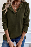 Jungle Green Rib Textured Henley Knit Top-Tops-MomFashion