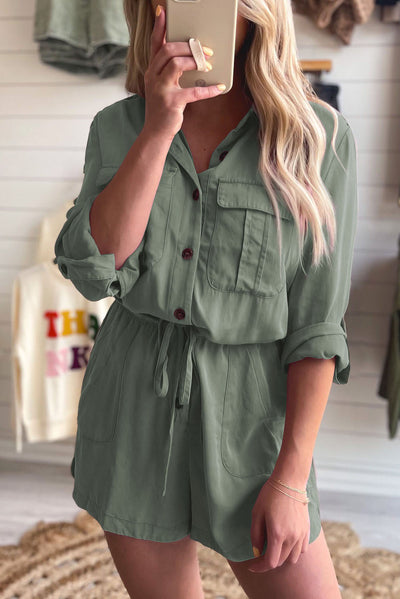 Jungle Green Roll up Sleeve Flap Pockets Drawstring Playsuit-Bottoms-MomFashion