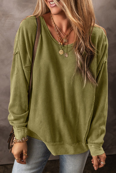 Jungle Green Textured Seamed Drop Sleeve Sweatshirt-Tops-MomFashion