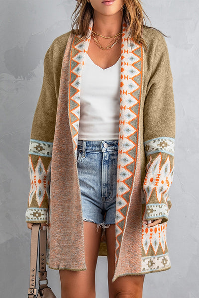 Khaki Aztec Print Open Front Knitted Cardigan-Tops-MomFashion