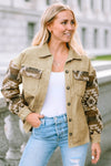 Khaki Aztec Print Patchwork Frayed Edge Corduroy Jacket-Outerwear-MomFashion