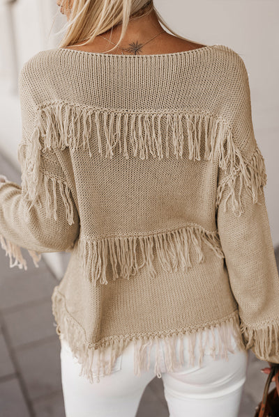 Khaki Boho Tasseled Knitted Sweater-Tops-MomFashion