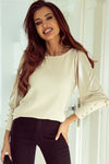 Khaki Buttoned Cuffs Shiny Puff Sleeves Top-Tops-MomFashion